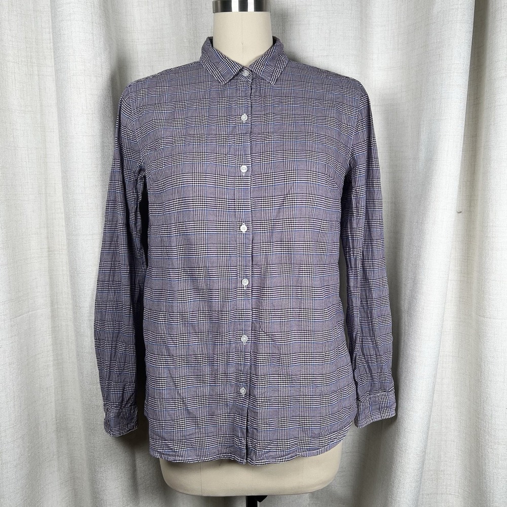 J McLaughlin Button Up Shirt Lois Glen Plaid Woven Crinkle Cotton Blue Womens XS